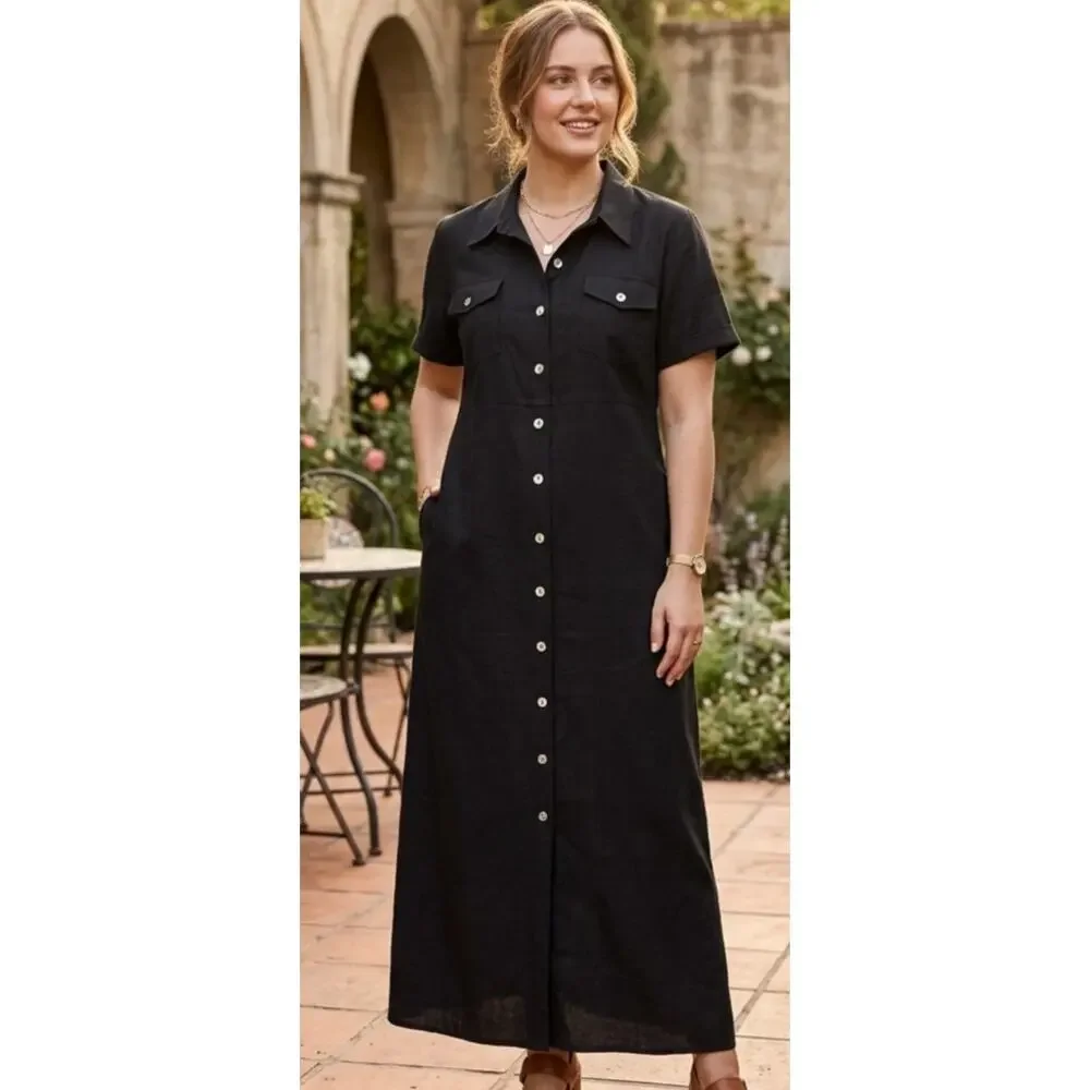 Vintage 90's Carolina Colours Black Linen Blend Front Button Maxi Dress
